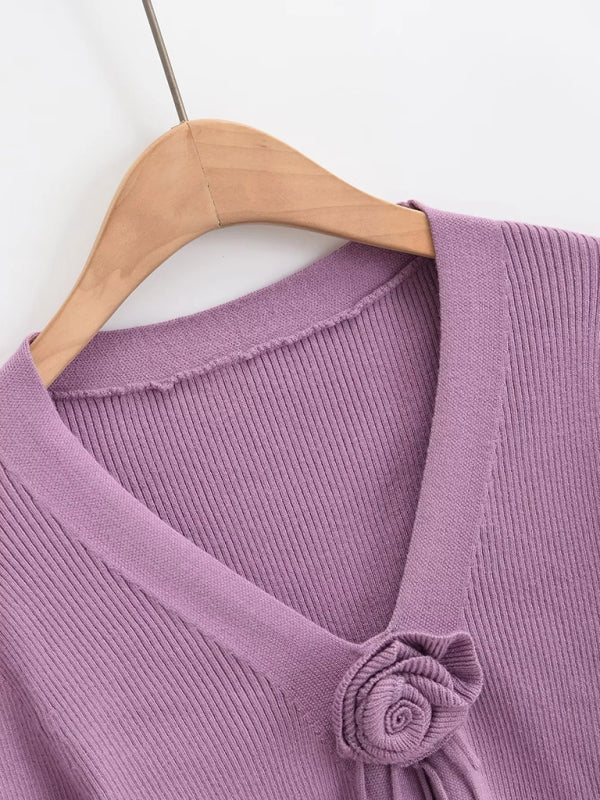 Knit Tie-Flower Cardigan for Autumn | Feminine Allure Cozy Knit Sweater for Winter Knit Cardigans - Chuzko Women Clothing