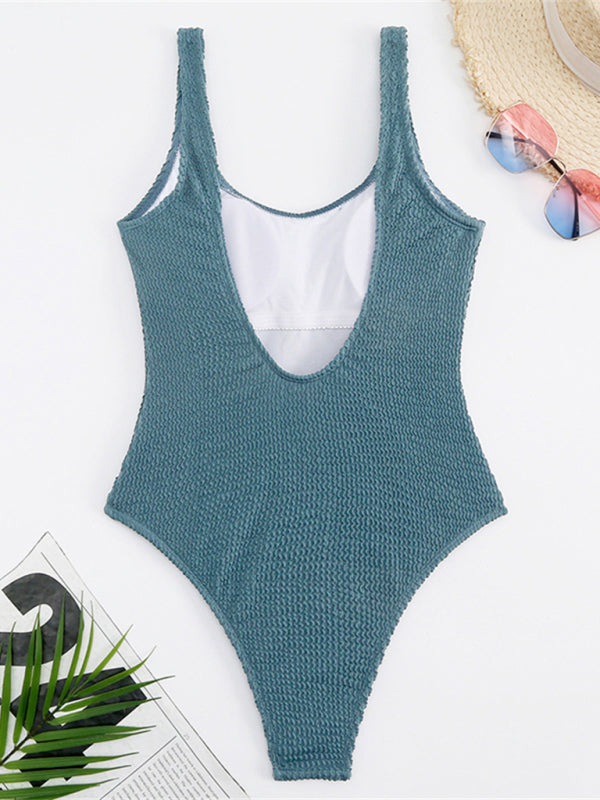 Sporty Tie-Dye One-Piece Swimwear - Textured Wireless Scoop Neck Swimsuit Swimwear - Chuzko Women Clothing