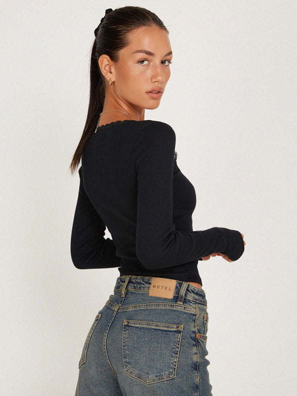 Fitted Long Sleeve Crop Tee in Romantic Solid Ribbed Texture T-Shirts - Chuzko Women Clothing
