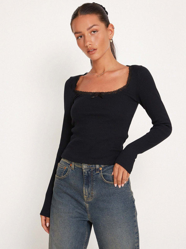 Fitted Long Sleeve Crop Tee in Romantic Solid Ribbed Texture T-Shirts - Chuzko Women Clothing