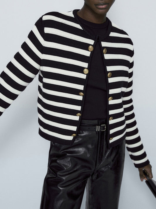 Striped Cotton Winter Jacket - Dressy and Trendy Knit Outerwear Knit Jacket - Chuzko Women Clothing