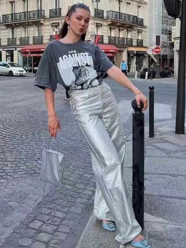Sparkly Metallic High Waist Pants Pants - Chuzko Women Clothing