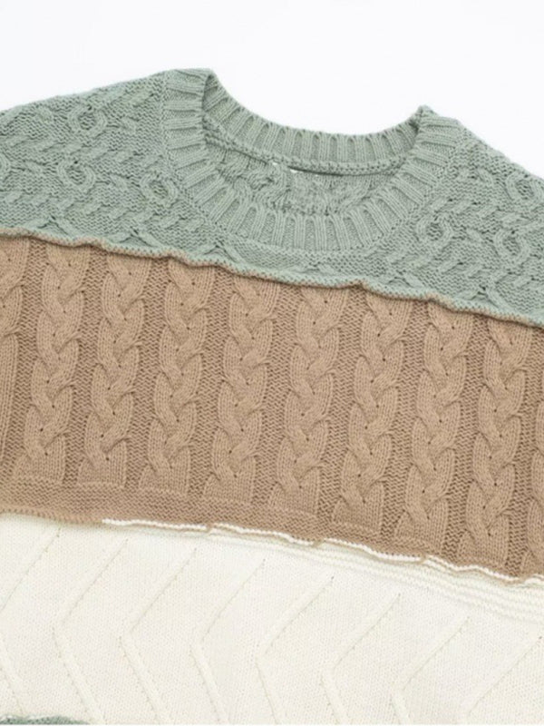 Soft Toned Patchwork Knitwear Sweater - Cable Knit Jumper Sweaters - Chuzko Women Clothing