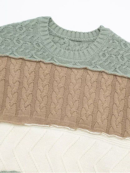 Soft Toned Patchwork Knitwear Sweater - Cable Knit Jumper Sweaters - Chuzko Women Clothing
