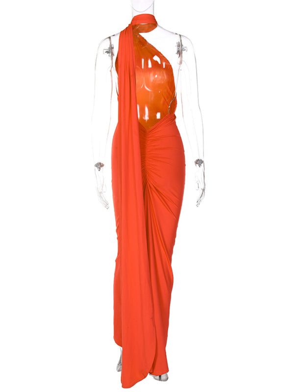 Red Carpet Tail Maxi Dress with One-Shoulder Elegant Dresses - Chuzko Women Clothing