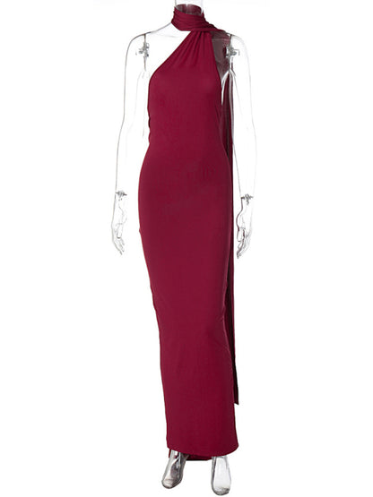 Red Carpet Tail Maxi Dress with One-Shoulder Elegant Dresses - Chuzko Women Clothing