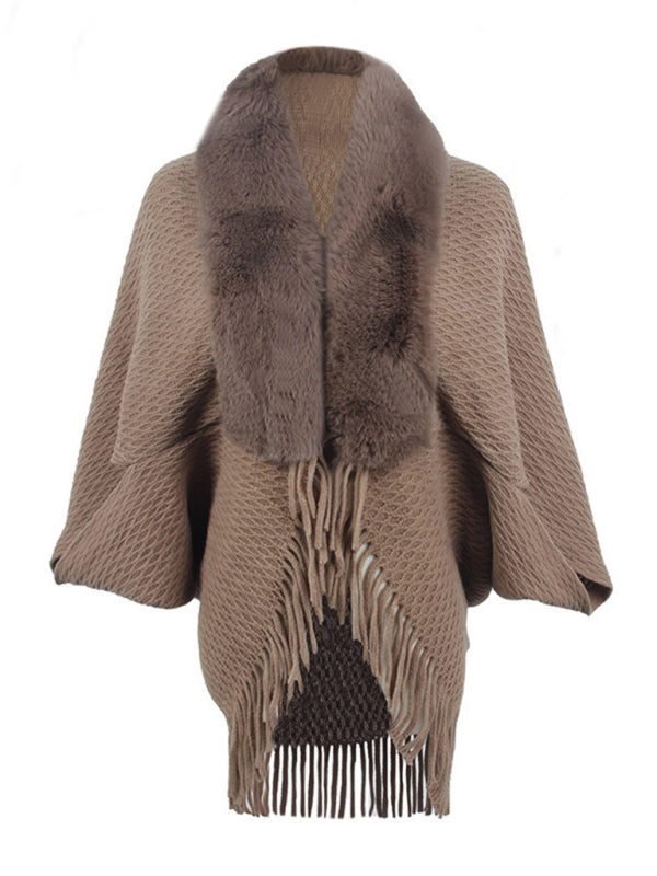 Elegant Fringe Knit Capelet - Poncho with Faux-fur Collar Ponchos - Chuzko Women Clothing