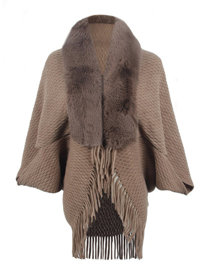 Elegant Fringe Knit Capelet - Poncho with Faux-fur Collar Ponchos - Chuzko Women Clothing