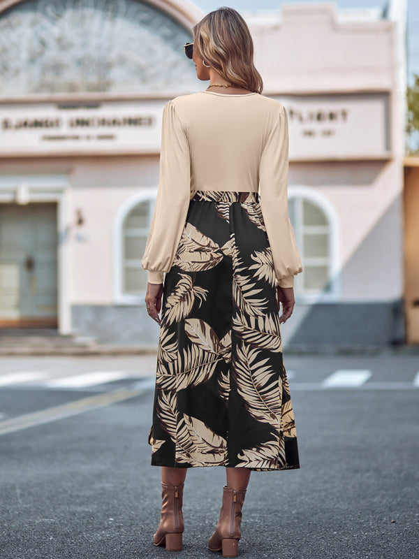 Autumn Color Block Surplice Midi Dress with Long Sleeves Midi Dresses - Chuzko Women Clothing