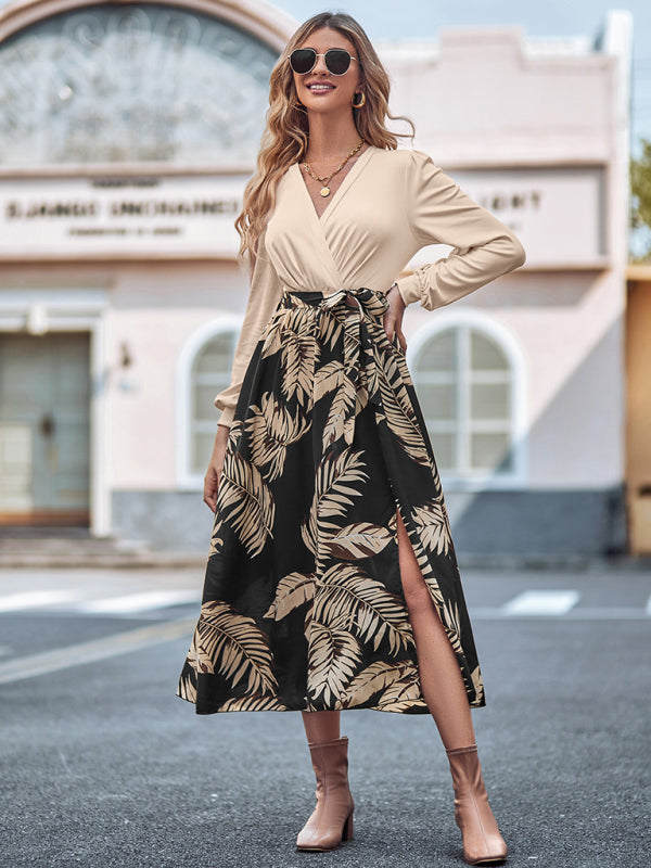 Autumn Color Block Surplice Midi Dress with Long Sleeves Midi Dresses - Chuzko Women Clothing