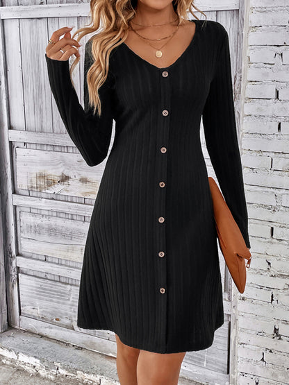 A-Line Ribbed Button-Up Long Sleeve Dress for Fall Casual Dresses - Chuzko Women Clothing