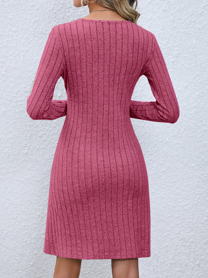 A-Line Ribbed Button-Up Long Sleeve Dress for Fall Casual Dresses - Chuzko Women Clothing