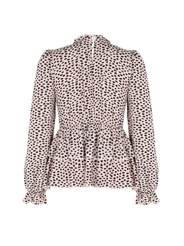 Long Sleeve Leopard Print Peplum Blouse with Smocked Waist Blouses - Chuzko Women Clothing