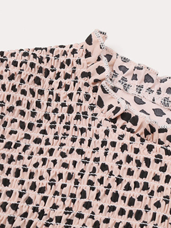 Long Sleeve Leopard Print Peplum Blouse with Smocked Waist Blouses - Chuzko Women Clothing