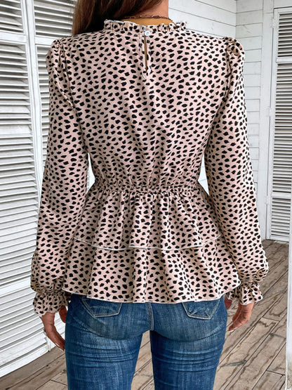 Long Sleeve Leopard Print Peplum Blouse with Smocked Waist Blouses - Chuzko Women Clothing