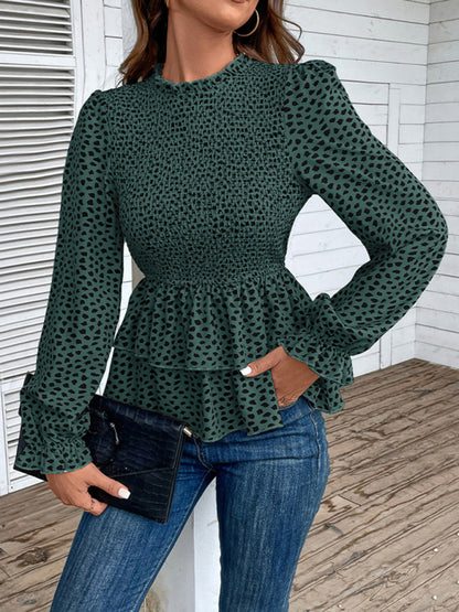 Long Sleeve Leopard Print Peplum Blouse with Smocked Waist Blouses - Chuzko Women Clothing