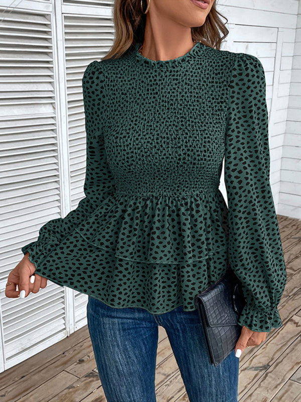 Long Sleeve Leopard Print Peplum Blouse with Smocked Waist Blouses - Chuzko Women Clothing