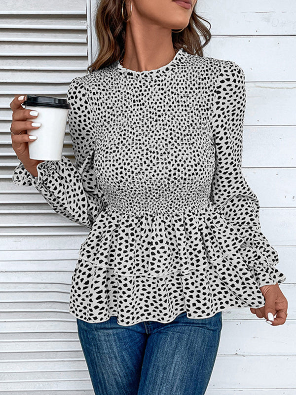 Long Sleeve Leopard Print Peplum Blouse with Smocked Waist Blouses - Chuzko Women Clothing