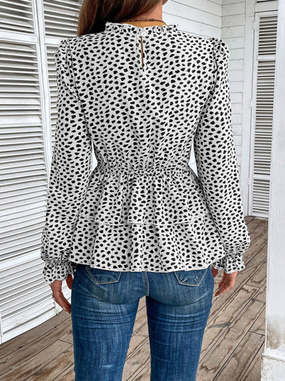 Long Sleeve Leopard Print Peplum Blouse with Smocked Waist Blouses - Chuzko Women Clothing