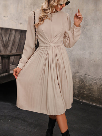 Belted Solid Crew Neck Pleated Midi Dress for Fall Midi Dresses - Chuzko Women Clothing