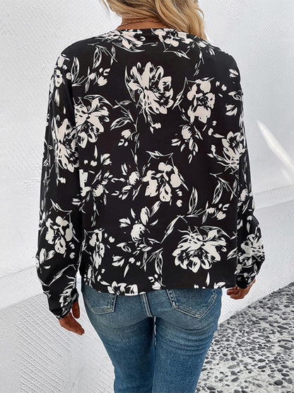 V-Neck Blouse Showcasing Floral Print and Bishop Sleeves Blouses - Chuzko Women Clothing