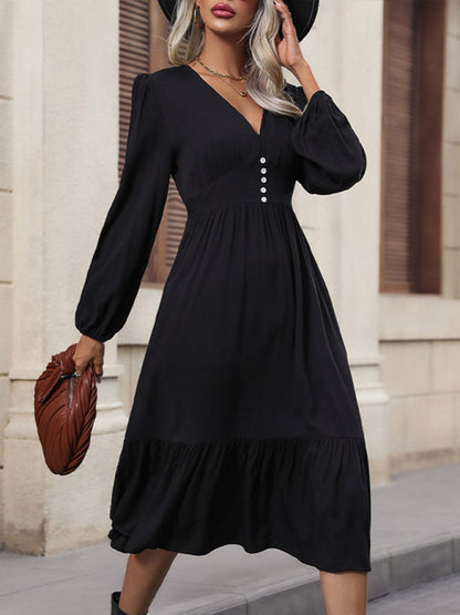 Casual Tiered Half-Button Midi Dress for Fall Fall Dresses - Chuzko Women Clothing