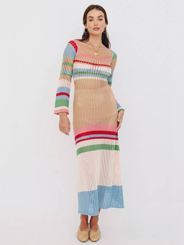 Beachwear Striped Long Sleeve Crochet Cover-Up Midi Dress Crochet Dresses - Chuzko Women Clothing
