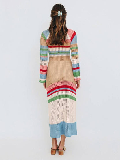 Beachwear Striped Long Sleeve Crochet Cover-Up Midi Dress Crochet Dresses - Chuzko Women Clothing