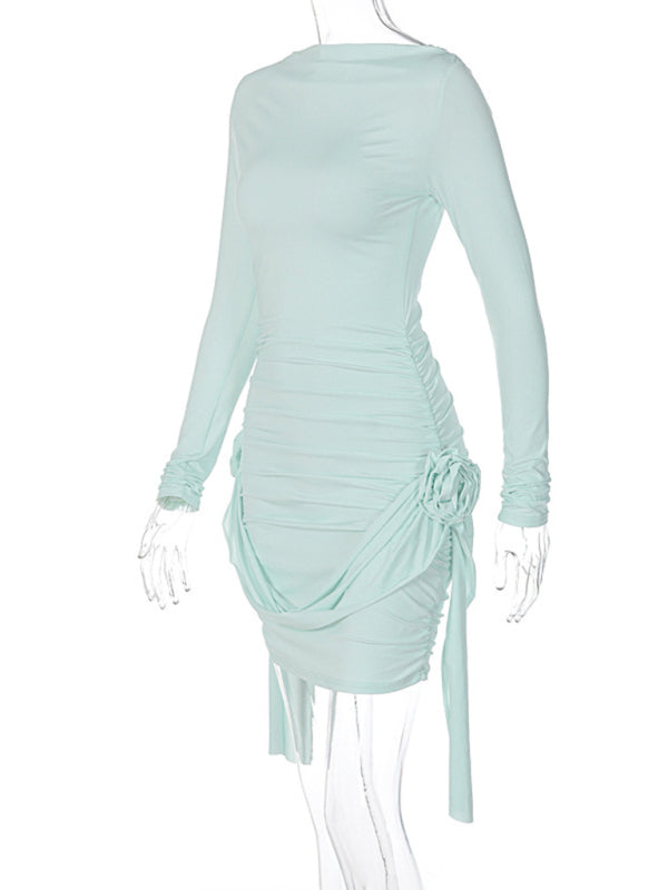 Long Sleeve Bodycon Mini Dress with Side Flower Appliqués Mini Dresses - Chuzko Women Clothing