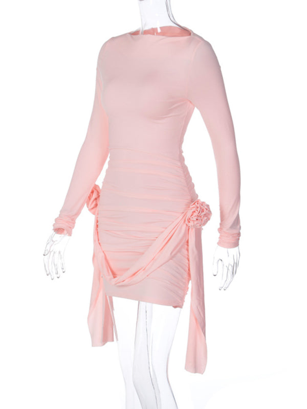 Long Sleeve Bodycon Mini Dress with Side Flower Appliqués Mini Dresses - Chuzko Women Clothing