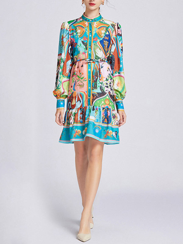 Elegant Artistic Design Button-Up Dress with Ruffle Hem and Puff Sleeve Long Sleeve Dresses - Chuzko Women Clothing