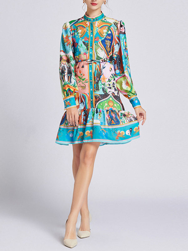 Elegant Artistic Design Button-Up Dress with Ruffle Hem and Puff Sleeve Long Sleeve Dresses - Chuzko Women Clothing