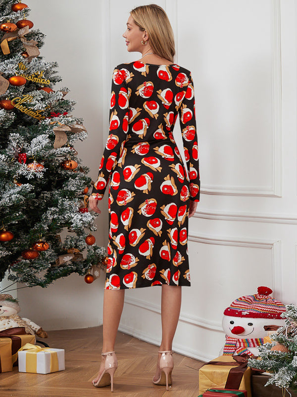 Holiday Christmas Surplice V-Neck Midi Dress Christmas Dresses - Chuzko Women Clothing