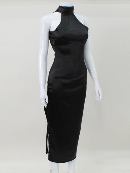 Elegant Backless Halter Midi Dress in Satin Satin Dresses - Chuzko Women Clothing