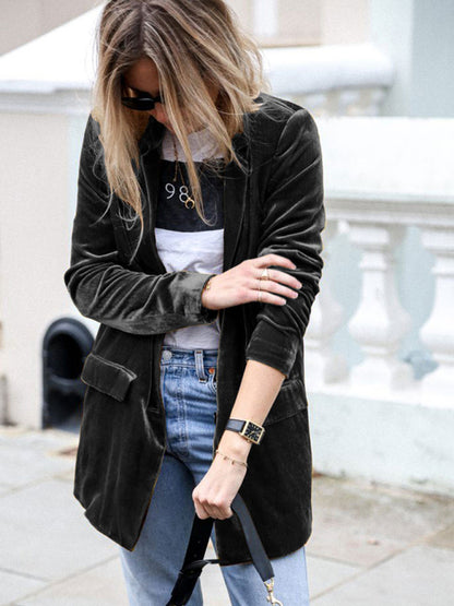 Fall Luxe Velvet Mid-Length Jacket Blazer Velvet Blazers - Chuzko Women Clothing