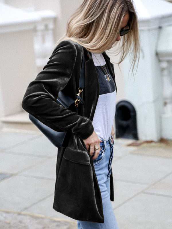 Fall Luxe Velvet Mid-Length Jacket Blazer Velvet Blazers - Chuzko Women Clothing