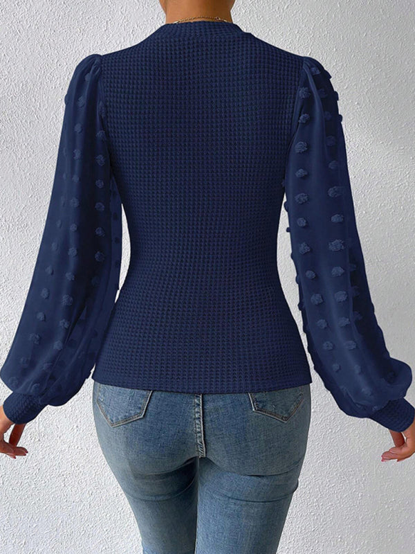 Bishop Sleeve Autumn Textured Fitted Top with Swiss Dot Patchwork Tops - Chuzko Women Clothing