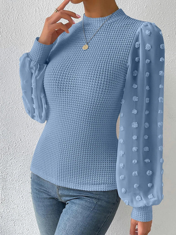 Bishop Sleeve Autumn Textured Fitted Top with Swiss Dot Patchwork Tops - Chuzko Women Clothing