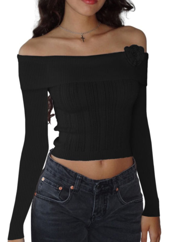 Romantic Sweater Ribbed Knit Off-The-Shoulder Long Sleeve Top Knit Tops - Chuzko Women Clothing