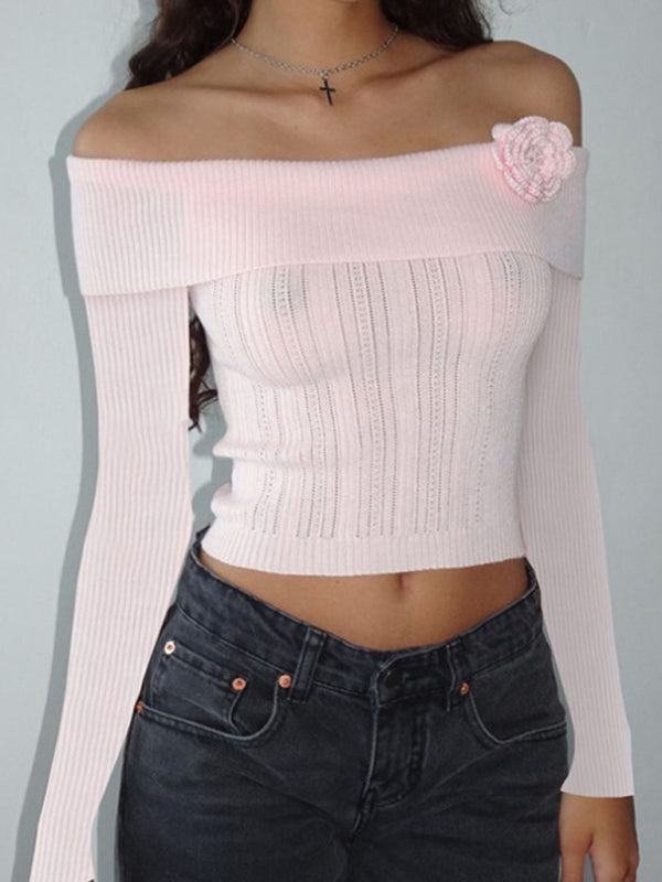 Romantic Sweater Ribbed Knit Off-The-Shoulder Long Sleeve Top Knit Tops - Chuzko Women Clothing