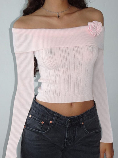 Romantic Sweater Ribbed Knit Off-The-Shoulder Long Sleeve Top Knit Tops - Chuzko Women Clothing
