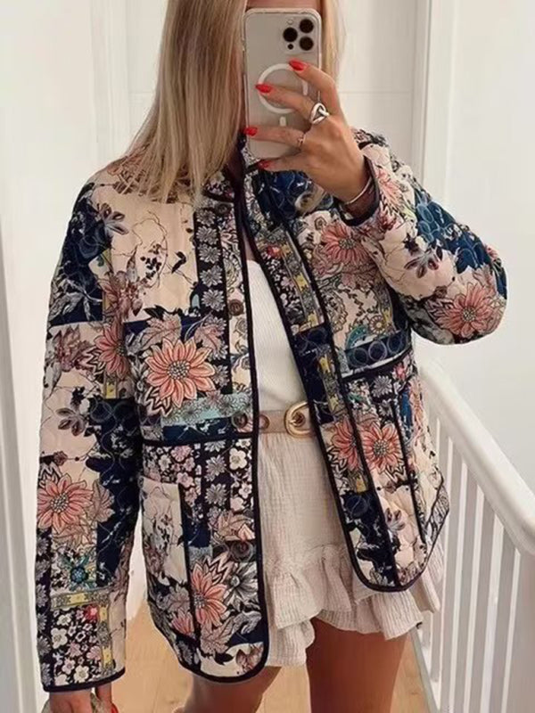 Fall Printed High Neck Quilted Jacket for Autumn Quilted Jackets - Chuzko Women Clothing