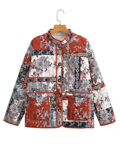Fall Printed High Neck Quilted Jacket for Autumn Quilted Jackets - Chuzko Women Clothing