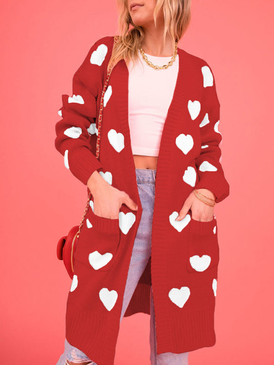 Heart-themed Knitted Duster Cardigan for Romantic Evenings Duster Cardigans - Chuzko Women Clothing