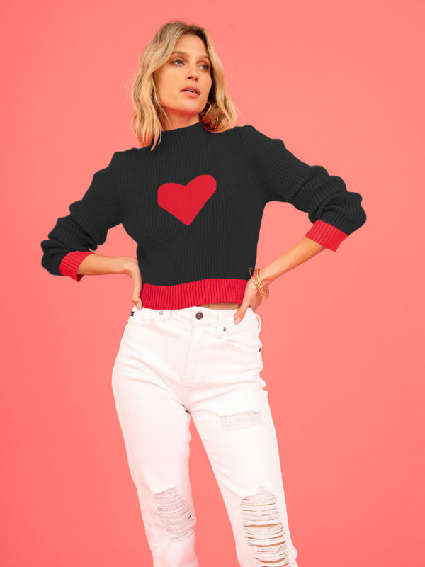 Romantic Love-Theme Ribbed Knit Crop Sweater Sweaters - Chuzko Women Clothing