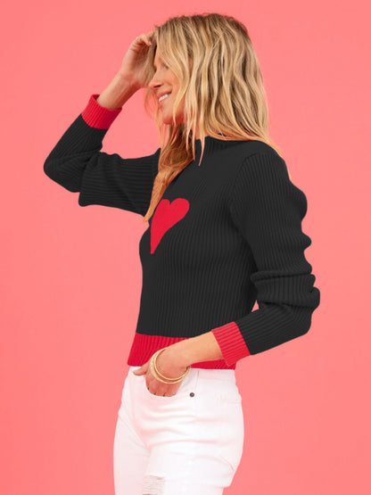 Romantic Love-Theme Ribbed Knit Crop Sweater Sweaters - Chuzko Women Clothing