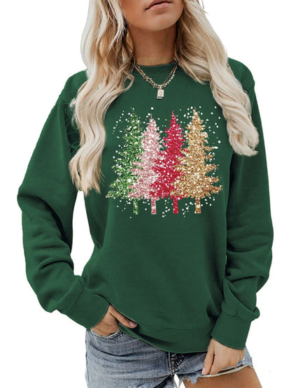 Festive Sparkle Christmas Tree Print Drop ShoulderSweatshirt Xmas Sweatshirts - Chuzko Women Clothing