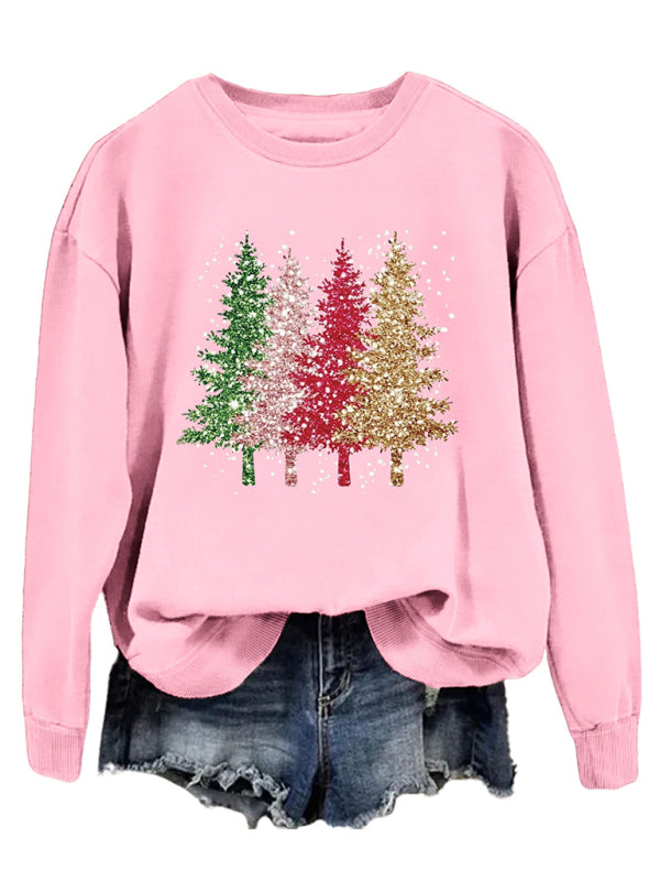 Festive Sparkle Christmas Tree Print Drop ShoulderSweatshirt Xmas Sweatshirts - Chuzko Women Clothing