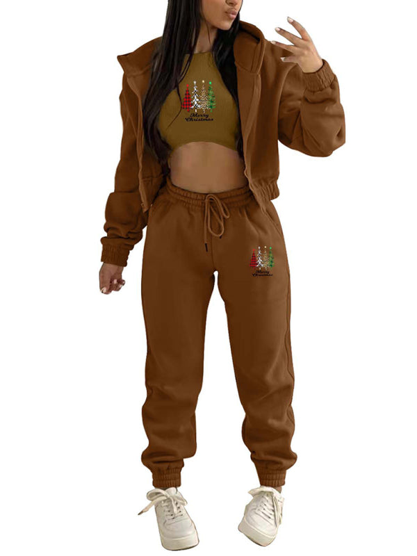 Christmas-Themed 3-Piece Sport Ensemble with Sweatpants, Hoodie, and Crop Tank Sport Outfits - Chuzko Women Clothing