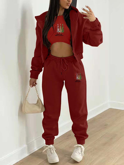 Christmas-Themed 3-Piece Sport Ensemble with Sweatpants, Hoodie, and Crop Tank Sport Outfits - Chuzko Women Clothing